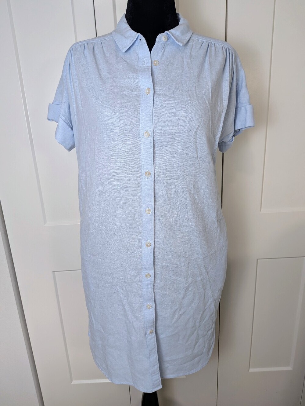 Well Worn Women’s Linen Blend Casual Pockets Dress Blue Size M Short Sleeve EUC